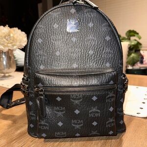 MCM Black Monogrammed Leather Medium Backpack with Pewter Logo Plate